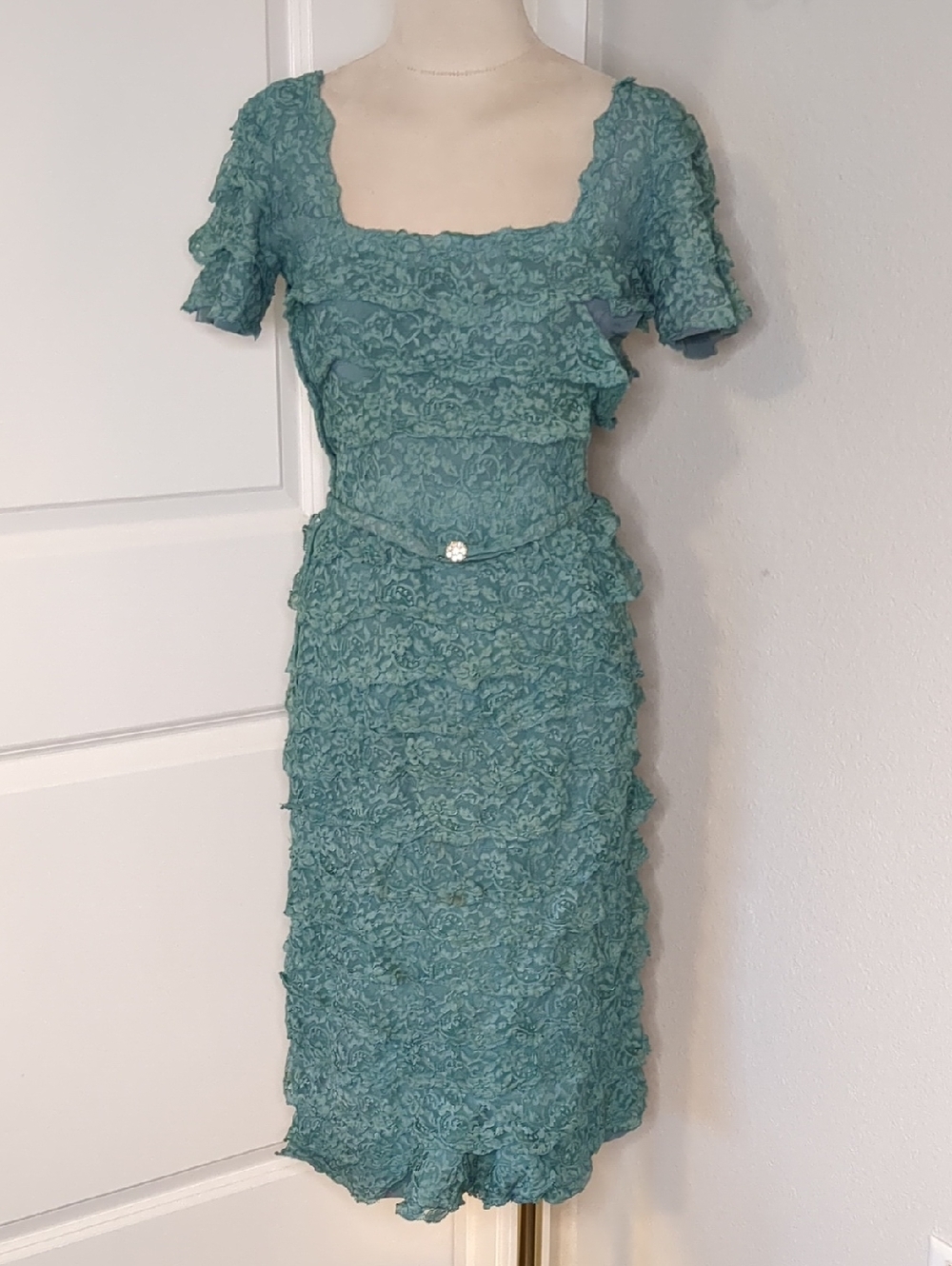 Vintage 50s Teal Lace Wiggle Dress Blue Green Formal Pinup SZ Small MCM